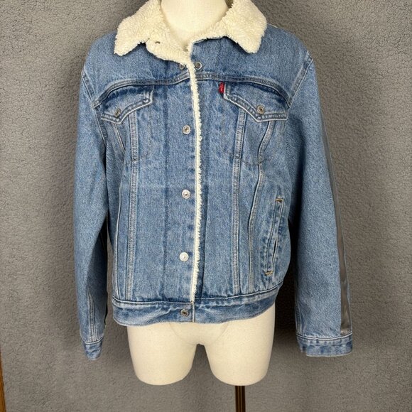 Levi's Women's Sherpa Lined Shine Theory Denim Trucker Jacket Large Blue NWT's. - Picture 1 of 8